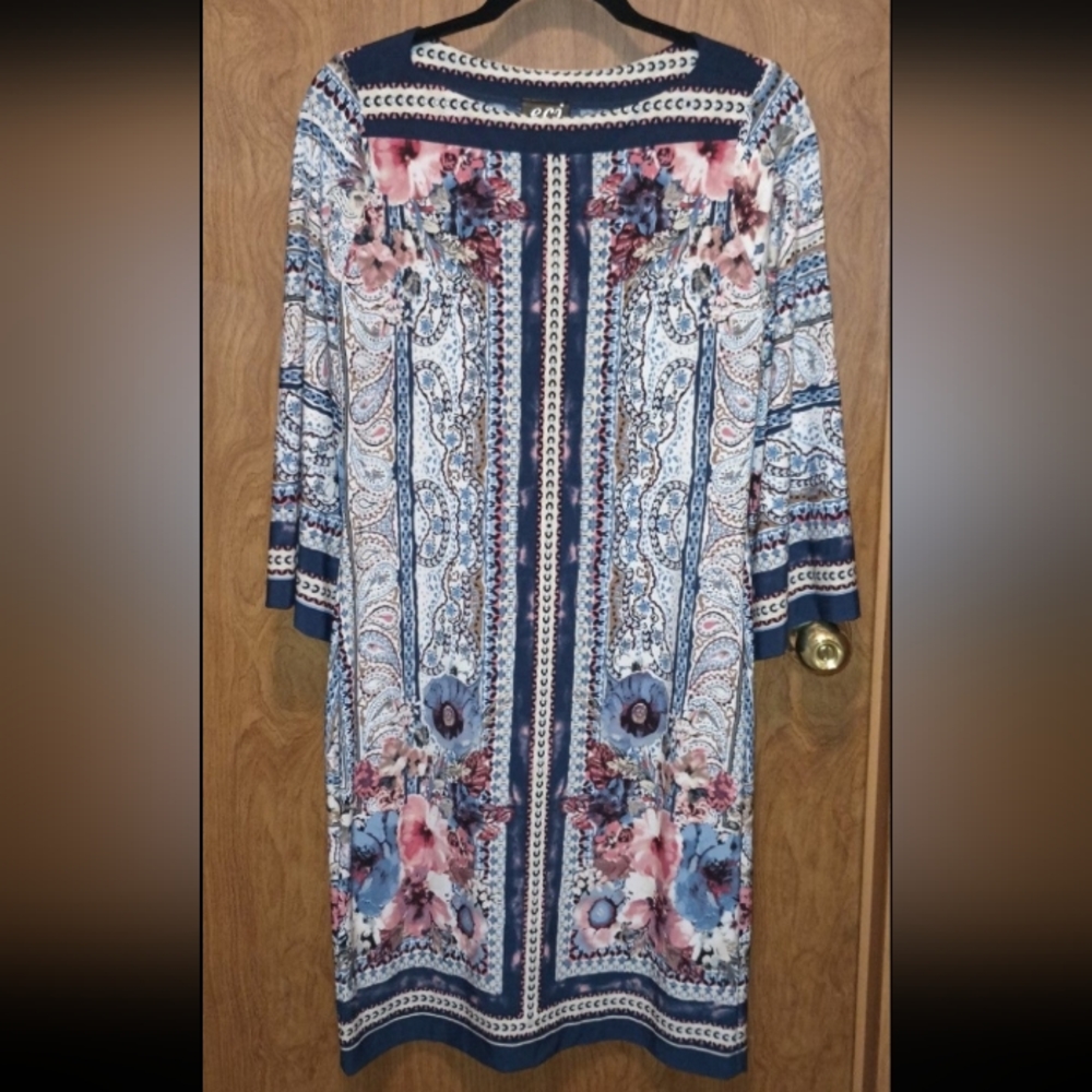 ECI New York Ladies Blue Pink Floral Midi Dress XS 0-2